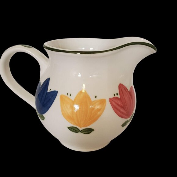 Johnson Bros 90s Small Pitcher/Creamer 4Hx6W Multicolor Tulips on White Ceramic - Picture 1 of 7